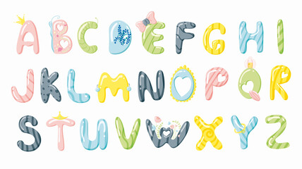 English alphabet Candy letters for children learning. Children's alphabet for girls. Set of colored delicate sweets with highlights.