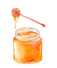 Honey jar with wooden spoon isolated on white background. Watercolor hand drawn illustration.