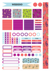 Collection of weekly or daily planners, note paper, to do lists, sticker templates decorated with cute cosmetic illustrations and trendy lettering.