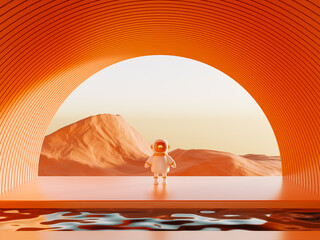 Surreal view from the orange planet with astronaut or alien in total harmony and beautiful mountains view. Dream or Metaverse travelling to surreal places