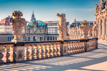 Sunny morning view of famous Zwinger palace (Der Dresdner Zwinger) Art Gallery of Dresden. Colorful...