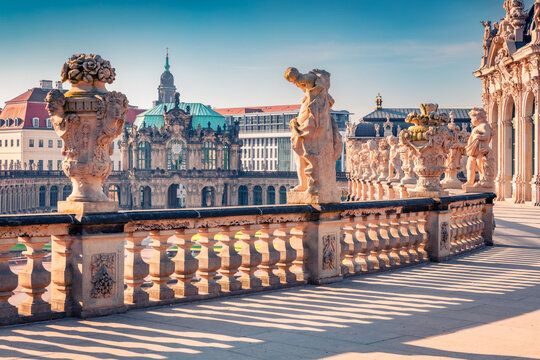 Sunny morning view of famous Zwinger palace (Der Dresdner Zwinger) Art Gallery of Dresden. Colorful spring scene in Dresden, Saxony, Germany, Europe. Traveling concept background..