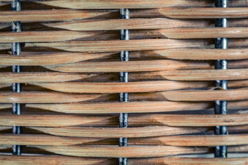 Old brown rural wicker basket fragment closeup - natural rustic woven surface background texture.