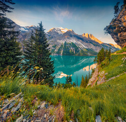 Exotic summer sunrise on unique Oeschinensee Lake. Gorgeous morning scene of Swiss Alps with Bluemlisalp mountain, Kandersteg village location, Switzerland. Beauty of nature concept background..