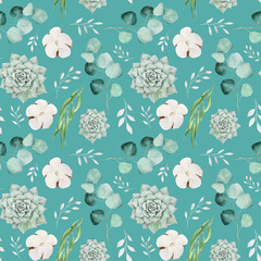 Seamless watercolor pattern with succulents, cotton and eucalyptus