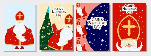 A set of postcards for the day of saint nicholas. Sinterklaas eve. Vector illustration. Priest in a red miter. Children's winter religious holiday. Christianity - obrazy, fototapety, plakaty