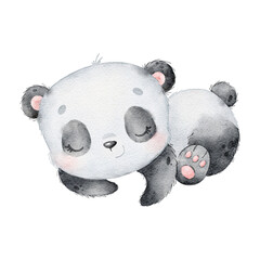 Fototapety  Watercolor illustration of a cartoon panda sleeping. Cute animals.