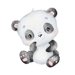 Watercolor illustration of a cartoon panda. Cute animals. © Bonbonny