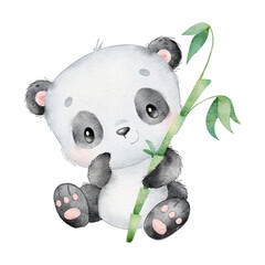 Watercolor illustration of a cartoon panda. Cute animals. © Bonbonny