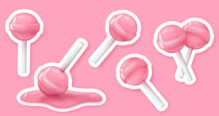 Stickers with realistic pink glossy candies on a stick, lollipop, melted. Look like 3d rendering. Vector illustration for card, party, design, flyer, poster, banner, web, advertising.