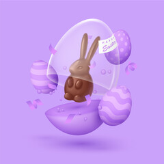lying purple egg with glass dome and chocolate rabbit, bunny, serpentine, bubbles, label, mini eggs. Happy Easter poster. Vector illustration for card, party, design, flyer, banner, web, advertising.