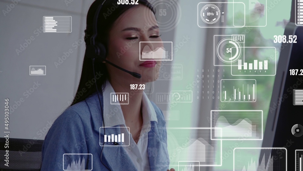 Poster customer support call center provide data in conceptual vision . business and communication technolo