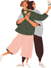 Happy Couple with Flowers Hugging Cartoon Illustration
