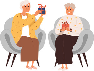 Happy Elderly Women Friends with Gifts Cartoon Illustration