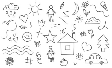 Childish doodle elements with people, car, house