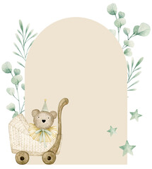 Watercolor illustration card baby shower with eucalyptus, stroller, bear, stars. Isolated on white background. Hand drawn clipart. Perfect for card, postcard, tags, invitation, printing, wrapping. - obrazy, fototapety, plakaty
