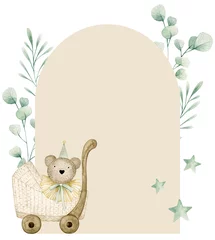 Fototapeten Watercolor illustration card baby shower with eucalyptus, stroller, bear, stars. Isolated on white background. Hand drawn clipart. Perfect for card, postcard, tags, invitation, printing, wrapping. © Karina Martirosova
