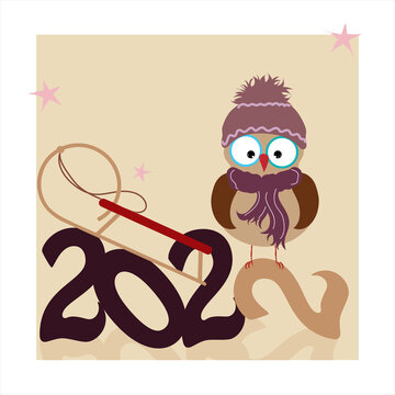 Vector illustration of cartoon owl with 2022 year. Symbol Happy New Year.