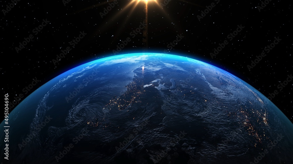 Poster planet earth with realistic geography surface and orbital 3d cloud atmosphere . outer space view of 