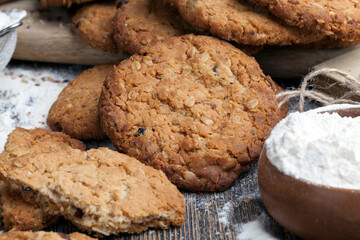wheat-oatmeal cookies with peanuts, closeup