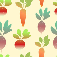 Modern seamless pattern with hand drawn vegetables Cabbage, pumpkin, cucumber, carrot, beet. Isolated objects on a white background for postcards, banner, wallpaper