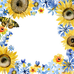 Watercolor frame with sunflowers, daisies, cornflowers and a butterfly. Illustration in the colors of the Ukrainian flag. Hand painted holiday card made of flowers on a white background.