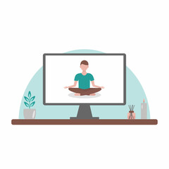 Yoga online. Young man in lotus position. Vector illustration in flat style.