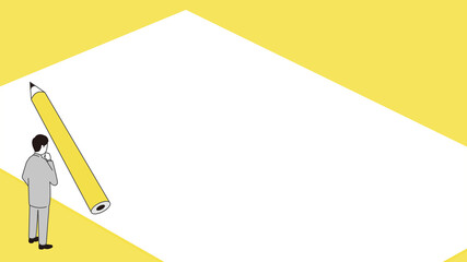 白紙の前で悩むスーツの男性のイラスト、中央にコピースペース、ベクター