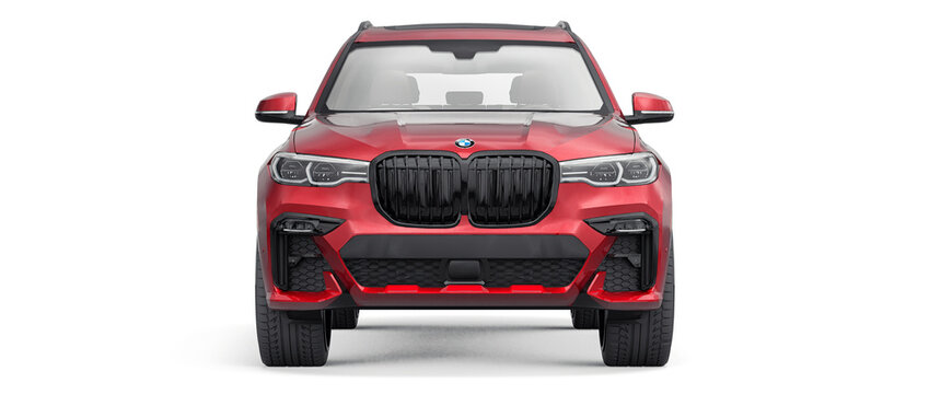 Paris, France. July 1, 2021: BMW X7 i50 red luxury suv car isolated on white background. 3d rendering.