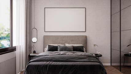 Modern beige bedroom design with empty white picture frame 3D Rendering, 3D Illustration