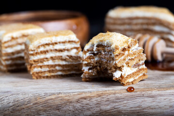 cake made of thin honey cakes and a thin creamy layer