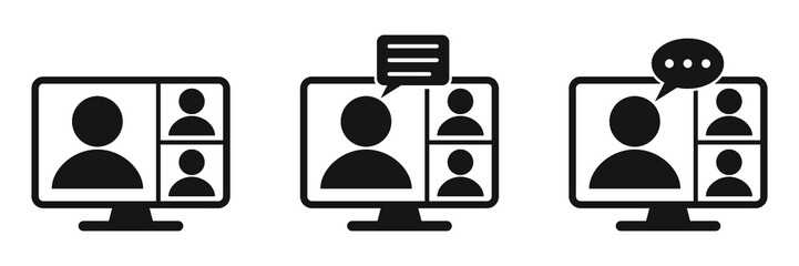 Video conference icon. People on computer screen. Home office in quarantine times. Digital communication. Internet teaching media.