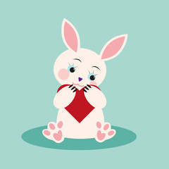 Greeting card with a cute bunny in the hands of a red heart on a green background
