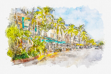 Watercolor painting illustration of famous Ocean Drive street in the morning in Miami South Beach in Florida
