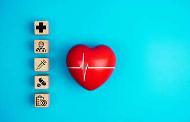 wood block stacking with icons healthcare, medical, insurance for your health.