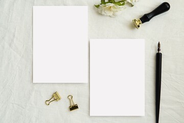 Two blank paper sheets for lettering, calligraphy design, two vertical cards mockup for wedding...