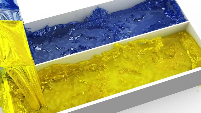 Ukrainian flag formed by colorful fluids, metaphor of resistance and strength to the Russian invasion, strength for peace, 3d rendering, 3d illustration
