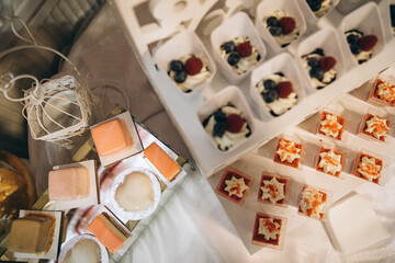 Wedding buffet. Desserts and fruits.