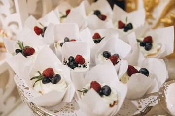 Wedding buffet. Desserts and fruits.