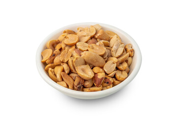 Roasted groundnut in white bowl isolated on white background with clipping path