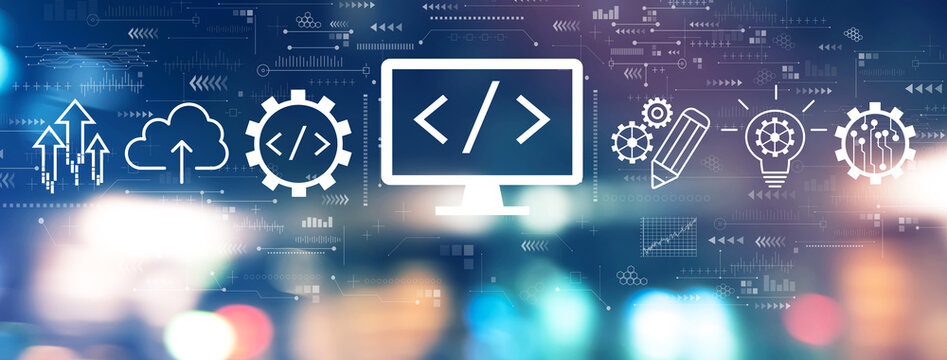 Web development concept with blurred city lights at night