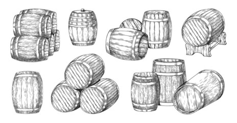 Whiskey barrel. Sketch of old wooden oak cask for brewery. Wine and beer wood keg stack. Alcohol beverage storage. Ale or cognac timber tanks. Vector hand drawn winery containers set