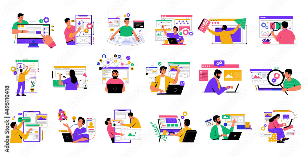 Fototapete Coders and programmers. Application development. Software and website programing scenes. Coding and testing internet services. Men or women working with computers. Vector developers set