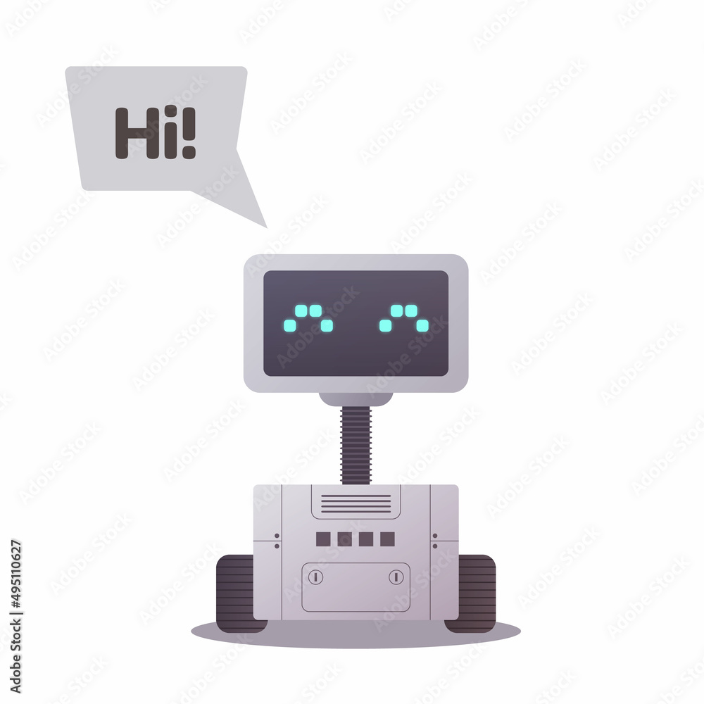Poster Chat bot. Robot character. Customer support smart AI. Modern chatbot electronic technology. Welcoming android. Helping robotic assistant. Artificial intelligence. Vector FAQ concept