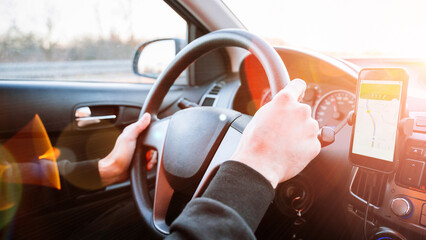 Gps navigator map system. Global positioning system on smartphone screen in auto car on travel...