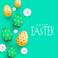 realstic happy easter background with falling eggs and flowers