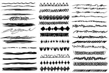 Obraz premium Line underline vector hand drawn set. Scribble lines doodle grunge curve brush stroke stripe sketch with pen pencil and blank ink, abstract art element for mark, highlight and graphic design 