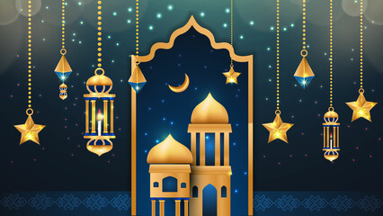 modern Islamic Ramadan Kareem banner background with crescent pattern moon star mosque lantern