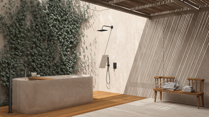 Minimalist bathroom in beige tones, japanese zen style, exterior eco garden with ivy, limestone walls and wooden floor, bamboo ceiling. Bathtub and shower. Modern interior design idea