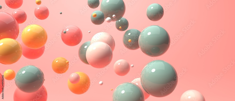 Poster scattered floating colored spheres on a vibrant background - 3d render